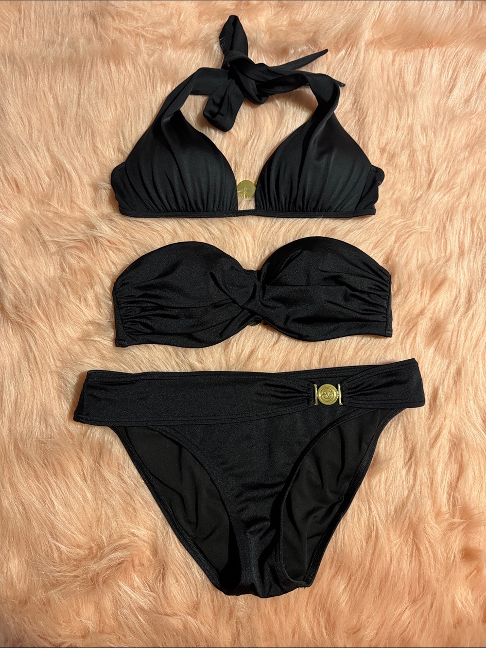Victoria's Secret Black 3-Piece Swim Set - Halter, Bandeau & Bikini Bottoms